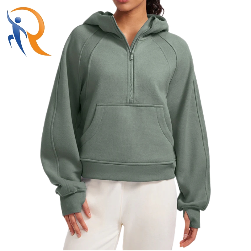 Women Fleece Lined Half Zip Hoodie with Thumb Holes