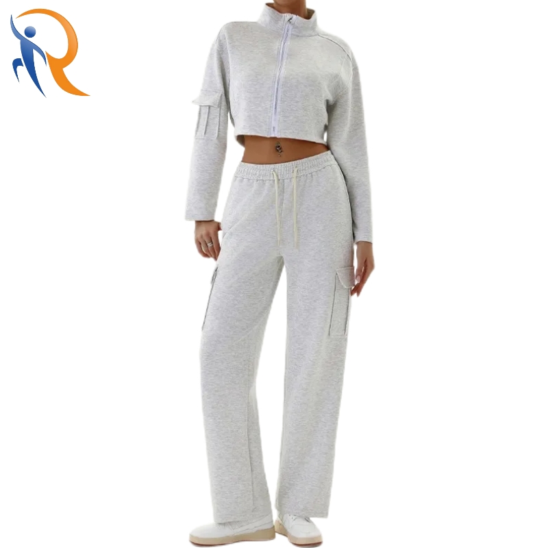 High Quality Flap Pocket Zip up Cropped Top Sweatsuit
