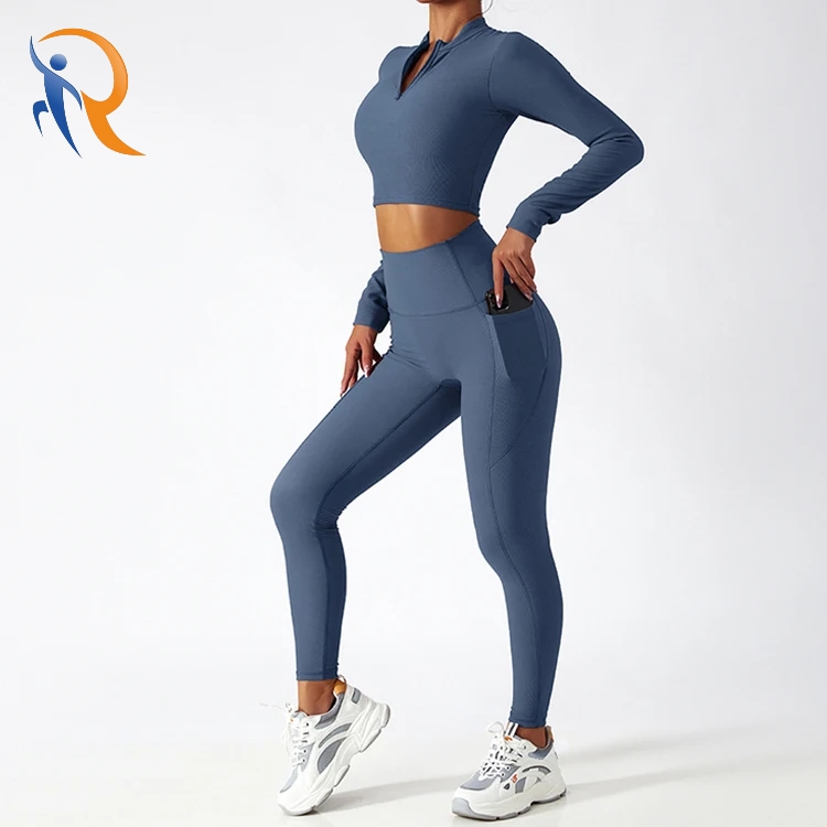 Half Zip Round Neck Long Sleeve Shirts Tops Leggings Set Soft Breathable Nylon Fitness Yoga Sets