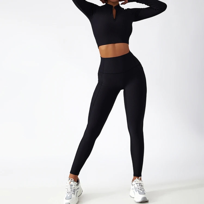 product-Half Zip Round Neck Long Sleeve Shirts Tops Leggings Set Soft Breathable Nylon Fitness Yoga 