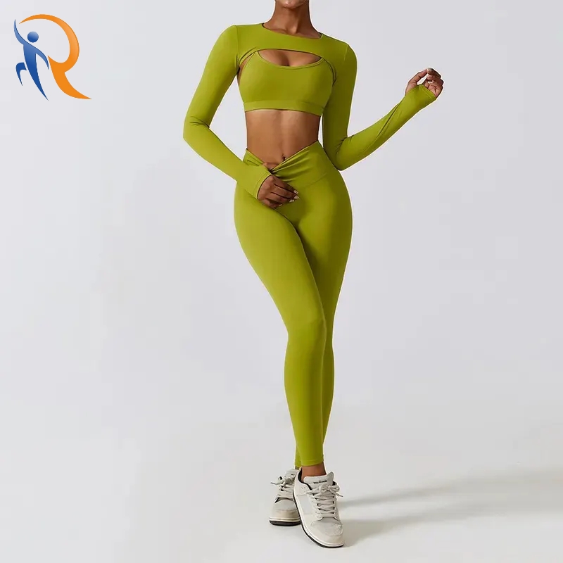 Custom Long Sleeve Top Cross Back Bra Leggings 3 Pieces Yoga Set