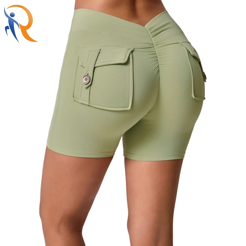 Tight Hip Flap Pocket Solid Elastic Waist Workout Yoga Shorts for Women