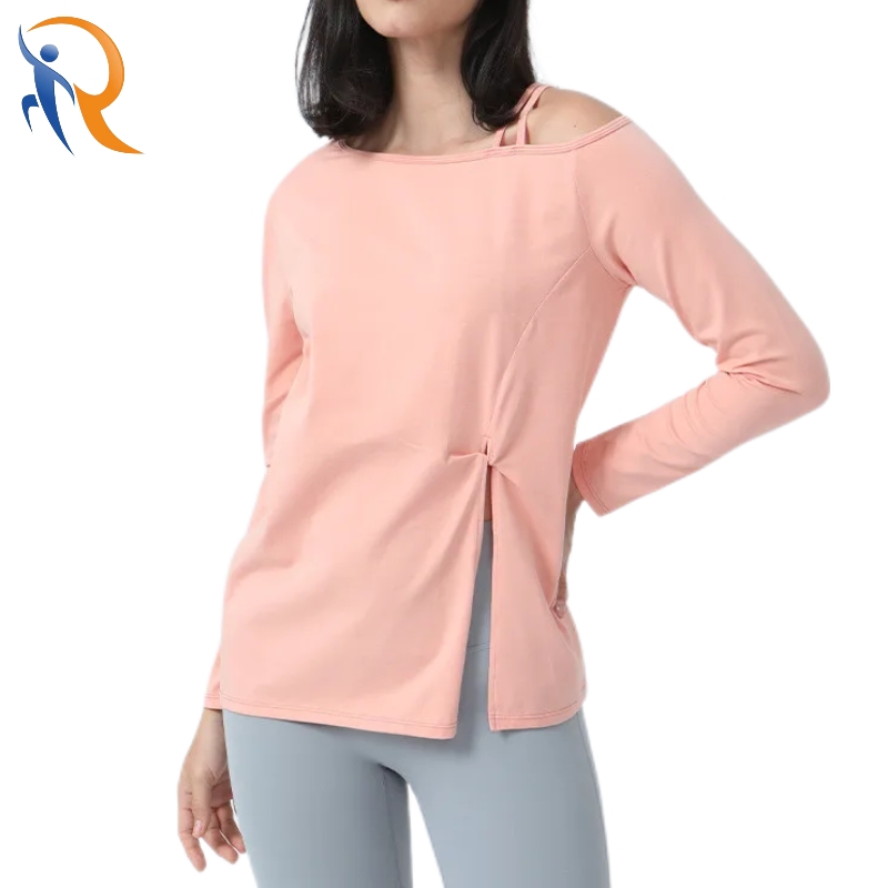 Fashion Split Cut Single Shoulder Strap T-Shirt Sport Fitness Long Sleeve Shirt