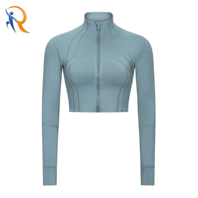 Custom Women's Zipper-UP Slim Fit Crop Plaid Sports Jacket Long Sleeve Yoga Top