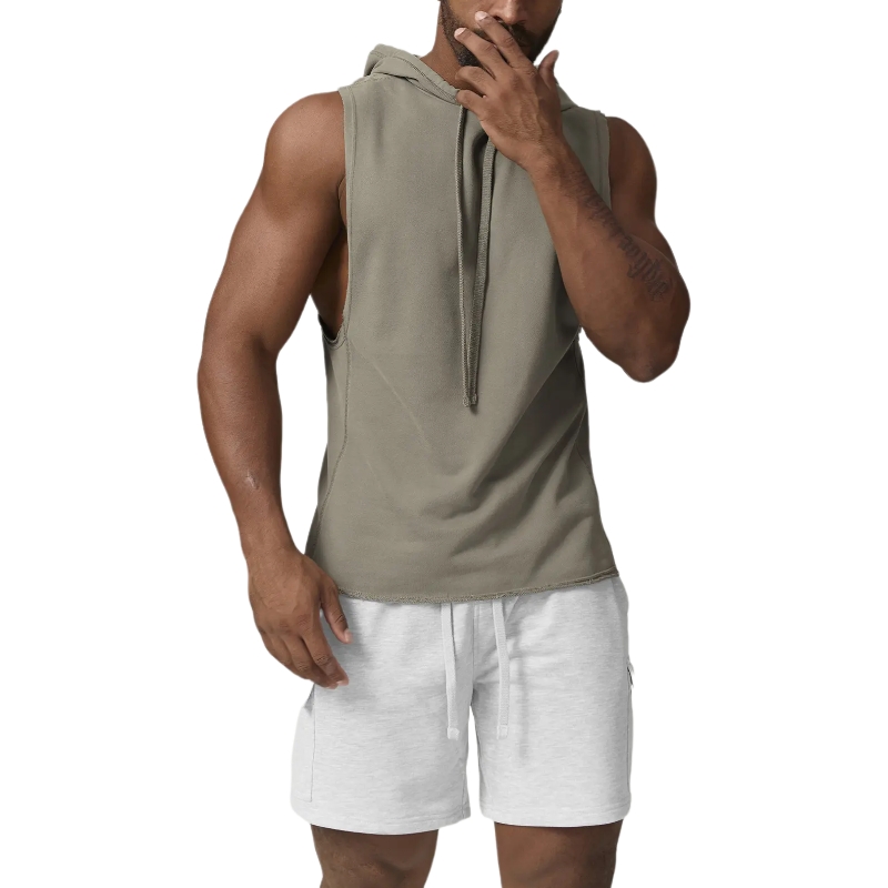 product-Ruiteng-Men Raw Edge Hem Sleeveless Cotton Fitness Bodybuilding Muscle Workout Hooded Tank T