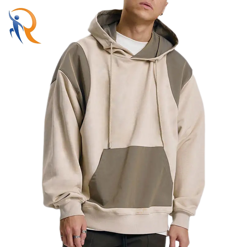 French Terry Men Lightweight Drop Shoulder Contrast Color Hoodies With Drawstring