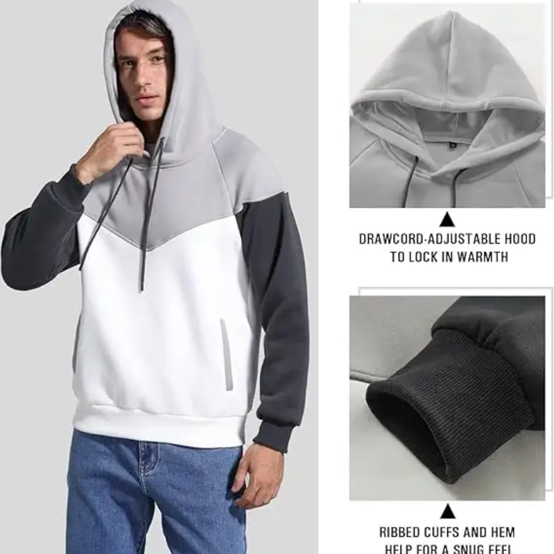 product-Ruiteng-Mens Mid Weight Fleece Pullover Hoodies Casual Color Block Hooded Sweatshirt With Po