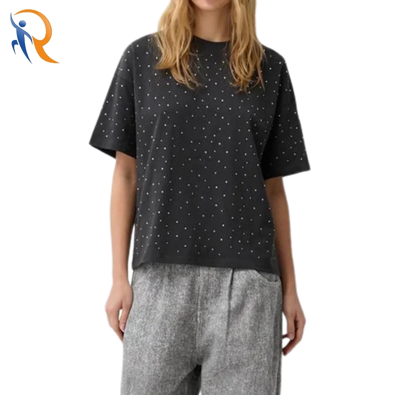 Casual Style 100% Cotton O-Neck Knitted Fabric Oversized Rhinestone T-Shirt