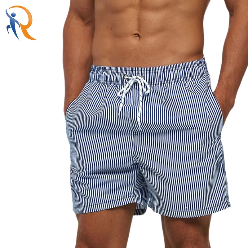 Men Lightweight Blue Striped Board Shorts Mesh Sportswear Beach Shorts
