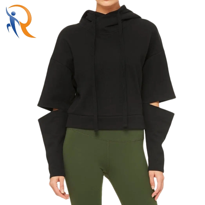 Black Cutout Sleeve Loose Pullover Sweater Women Hoodie