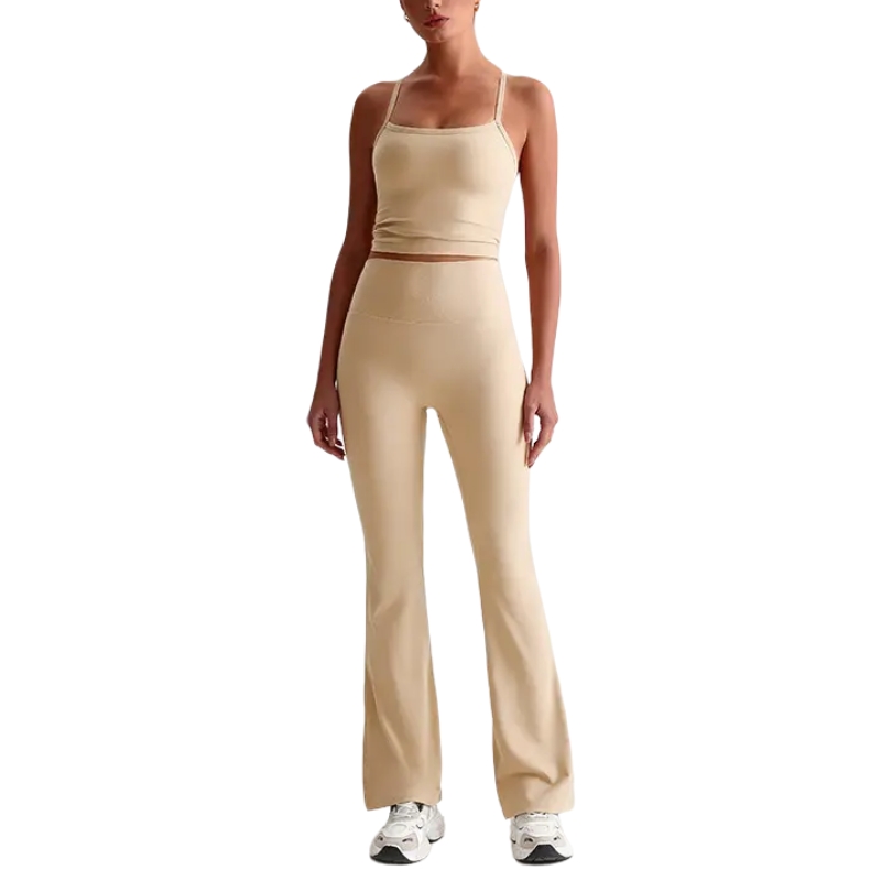 product-Ruiteng-Womens Comfortable Lightweight Flare Pants Quick-Drying Speghetti Shoulder Strap Tan