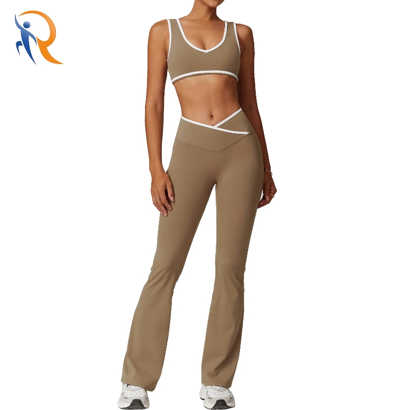 Women's Soft Lightweight Sports Bodysuits & Jumpsuits Set Color Contrast V Cut Flare Pants and Bra