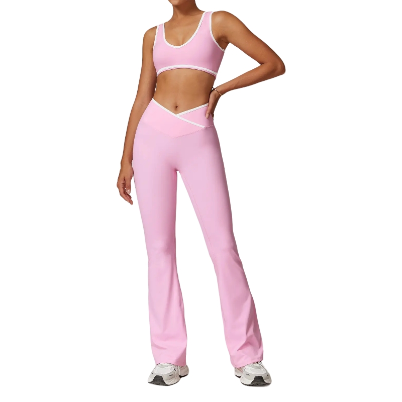 product-Womens Soft Lightweight Sports Bodysuits Jumpsuits Set Color Contrast V Cut Flare Pants and