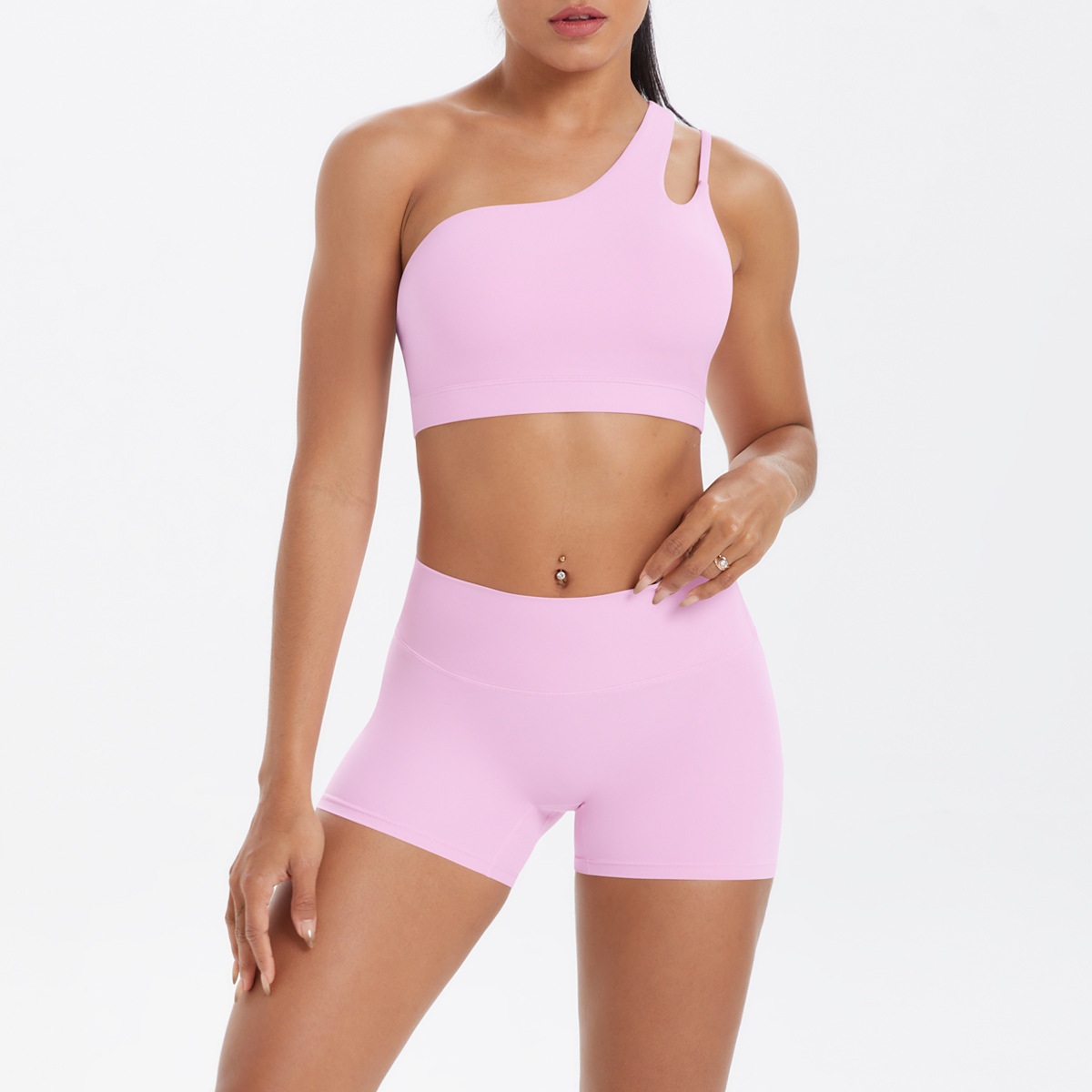 product-Ruiteng-Workout Sets for Women Crossover High Waist Biker Shorts One Shoulder Sports Bra 2 P