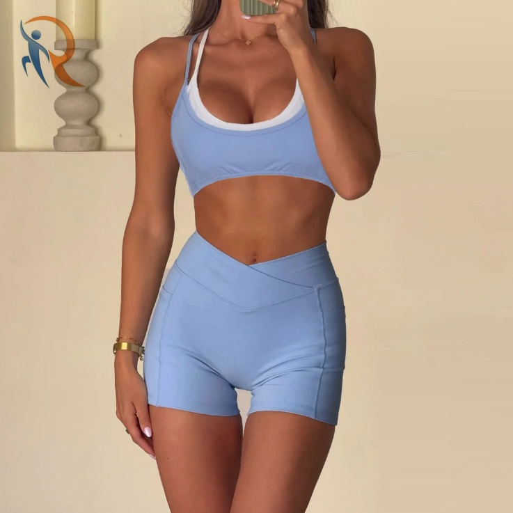 Faux Two Piece Contrast Sports Set | Womens V Waist Shorts & Racerback Bra