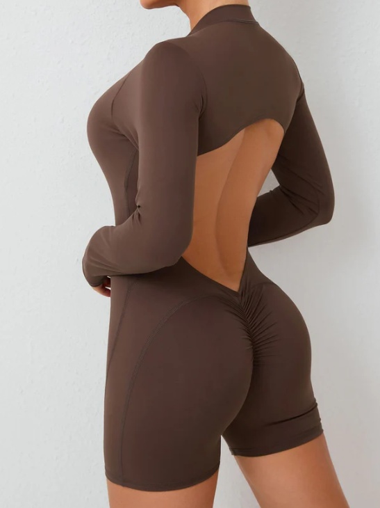 product-Women’s Cutout Back Yoga Jumpsuit | Long Sleeve, Zipper Front, Peach Hip, One Piece for Work