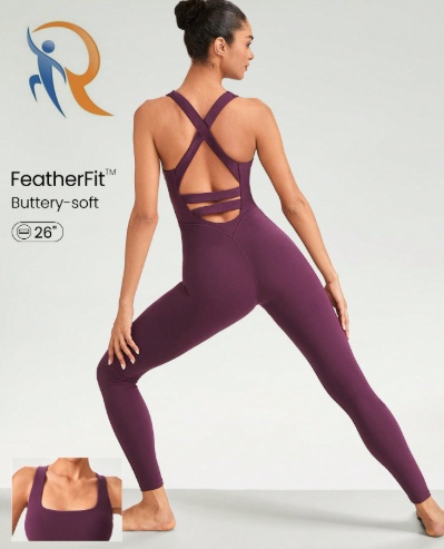 Scoop Neck Crisscross Back Jumpsuit Low Impact Yoga Studio  Gym