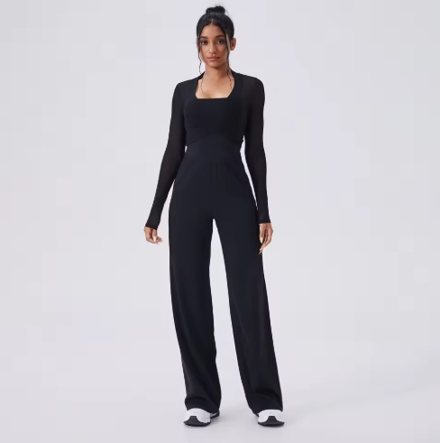 product-Womens High-Waisted Yoga Set with Four-Way Stretch, Slimming Mesh Long Sleeve One-Piece Set