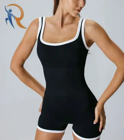 Black Contrast U Neck Yoga Jumpsuit - Light Support