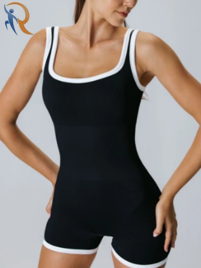 Black Contrast U Neck Yoga Jumpsuit - Light Support