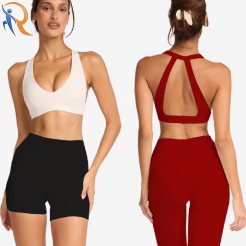 Women's Yoga Suit with Spandex/Nylon, Neck Strap, V-Neck, Backless, Bust Pad, High-Waisted Two-Piece Set, Quick-Drying