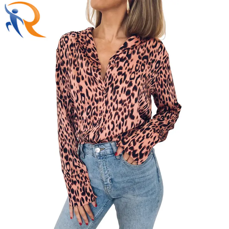 Fashion Women Long Sleeve Tops Turn-Down Collar Leopard Print Chiffon Shirt