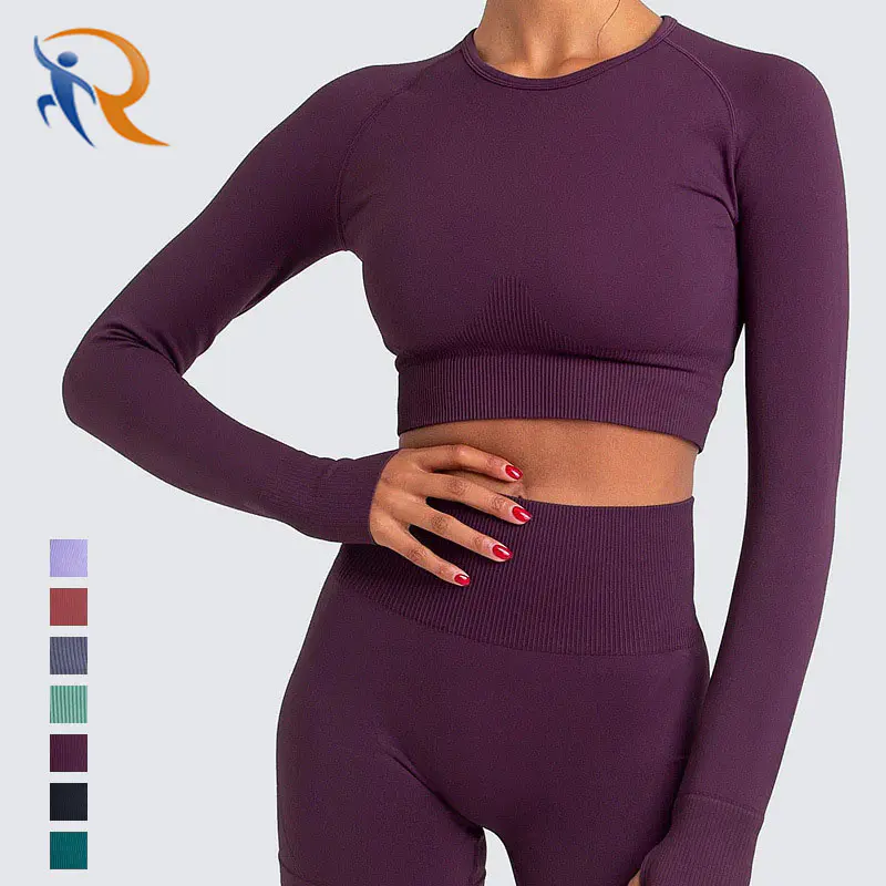 2021 Woman Crop Top long sleeve Ribbed Set High Quality Long Leggings Seamless Yoga Suit