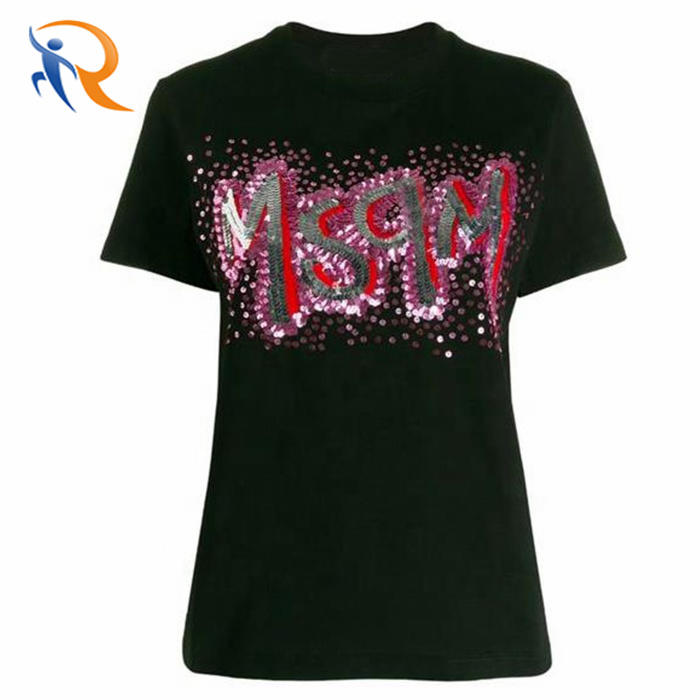 Custom Logo Women t shirt with Sequins Embroidered T-shirt
