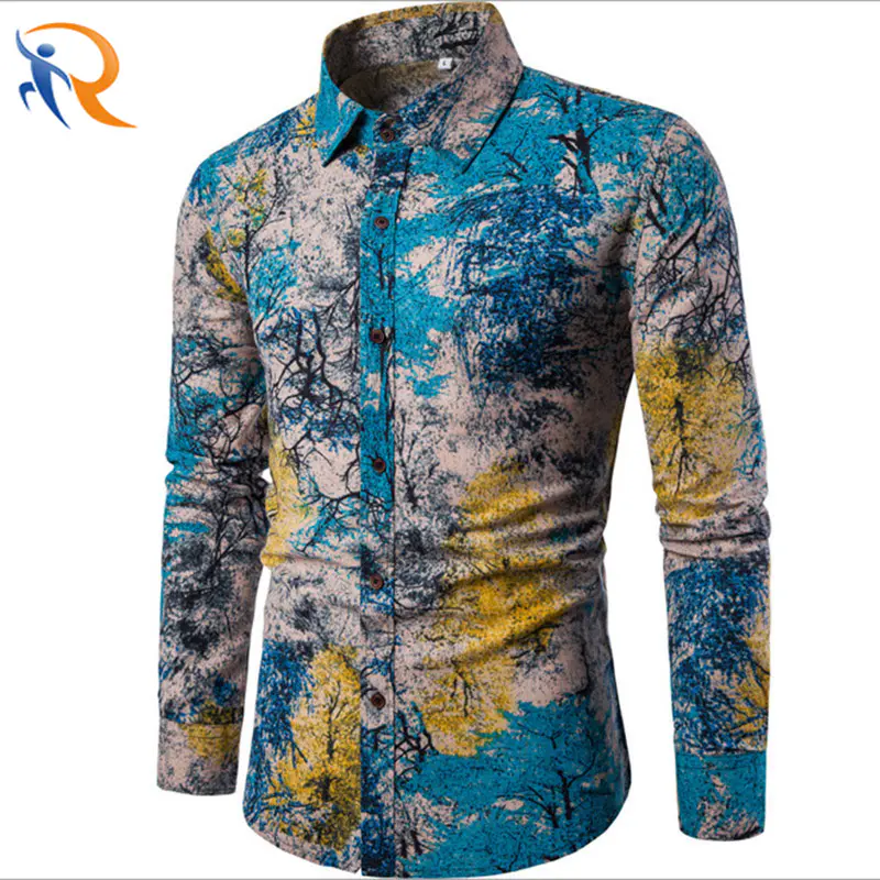New Ethnic Style Floral Men′ S Casual Large Size Long-Sleeved Shirt Fashion Multicolor Slim Blusas De Fiesta Men′ S Solid Shirts