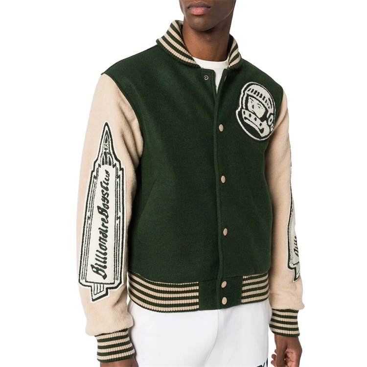 product-Custom Double Color Patchwork Patch Embroidered College Bomber Flight Varsity Jacket for Men