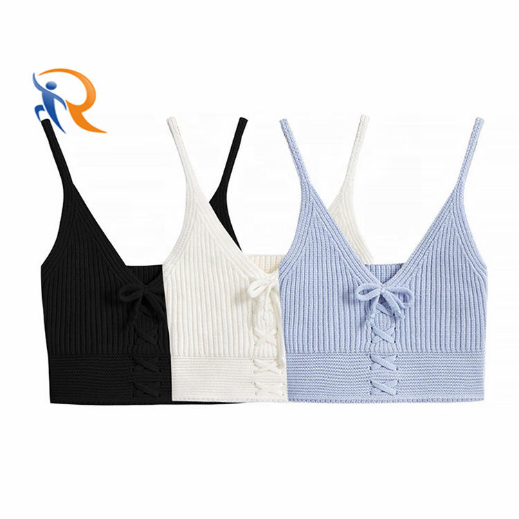 Custom Summer Women's Crop Top Ribbed Knit Spaghetti Strap Sleeveless Bandage Front Vest