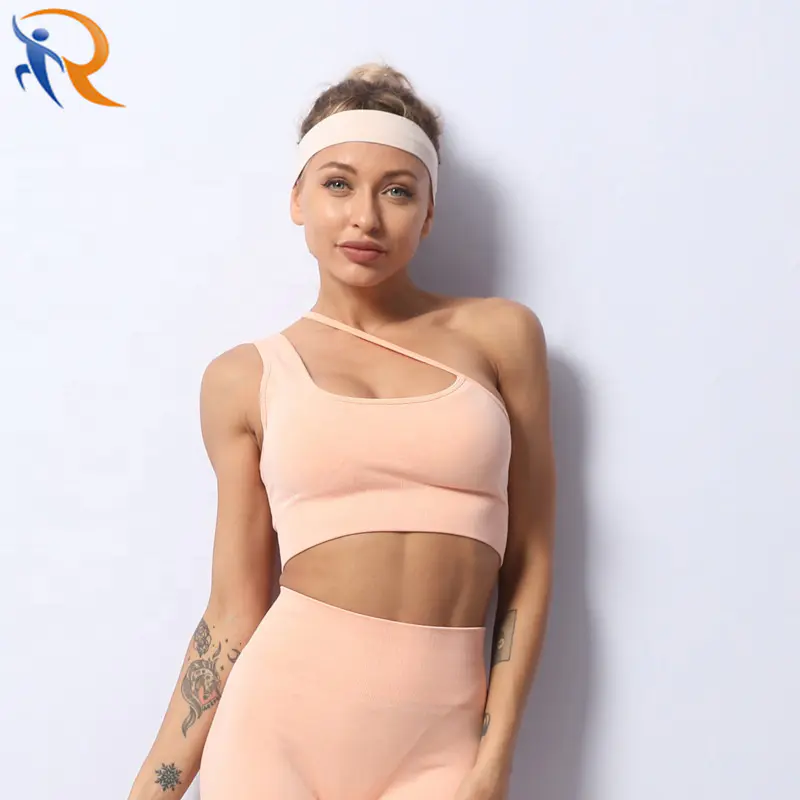 Women's One Shoulder Workout Outfits Yoga Set 2 Piece Seamless Ribbed Sports Bra Tight Shorts Gym Tank Top Suit