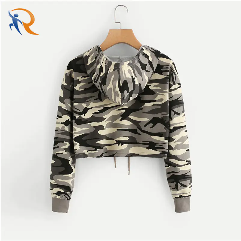 Wholesale Women′s Crop Top Camo Hoodie High Quality Cotton Military camouflage Printed Fleece Sweatshirt for Woman