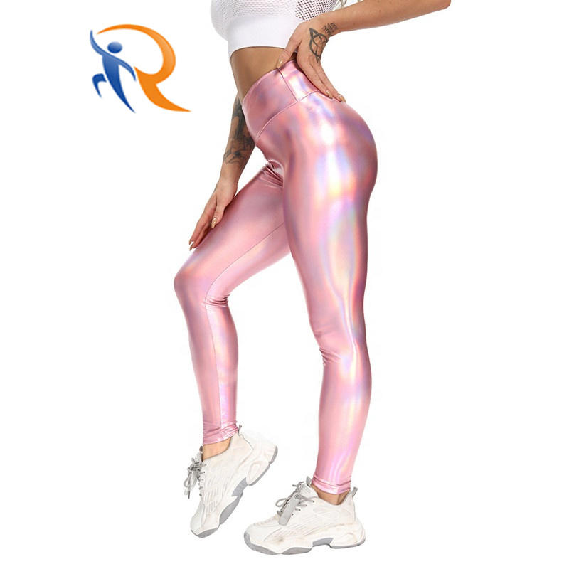 New Laser Leather Elastic Polyester Slim Shiny Sport Womens Reflective Yoga Pants