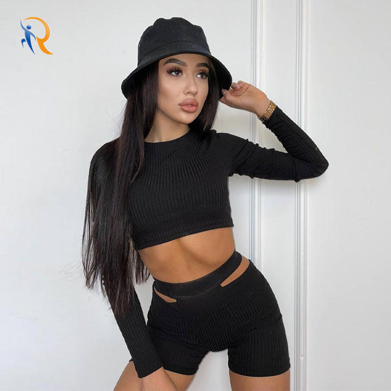 Womens Gym Wear Hot Girl Summer Strtchy Ribbed Materials Tracksuit Set