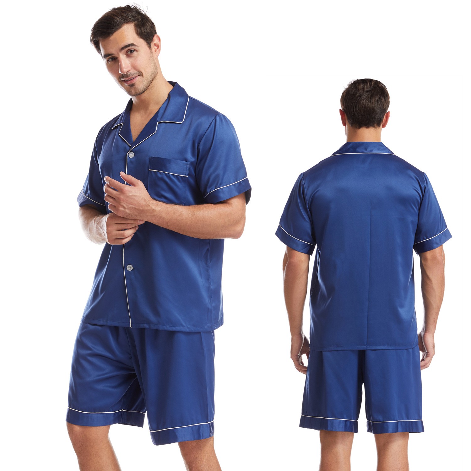 product-Matte Satin Short Sleeve Casual Large Size Homewear Summer Mens Lapel Solid Color Short Paja