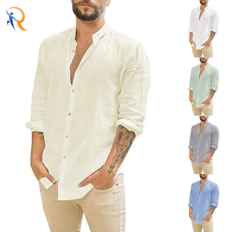 Mens Linen Cardigan Solid Color Casual Stand Collar Long Sleeve Shirt