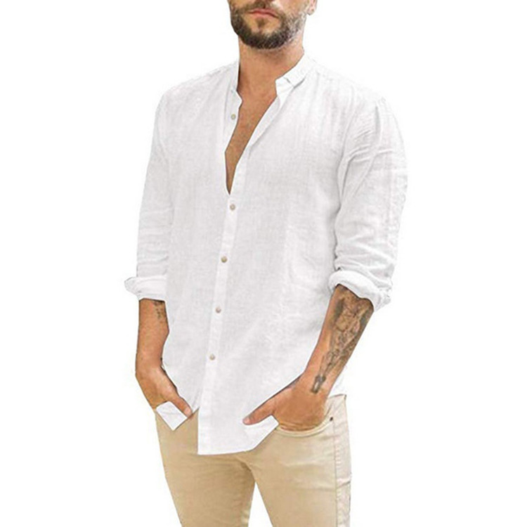 product-Mens Linen Cardigan Solid Color Casual Stand Collar Long Sleeve Shirt-Ruiteng-img