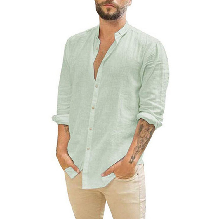 product-Ruiteng-Mens Linen Cardigan Solid Color Casual Stand Collar Long Sleeve Shirt-img