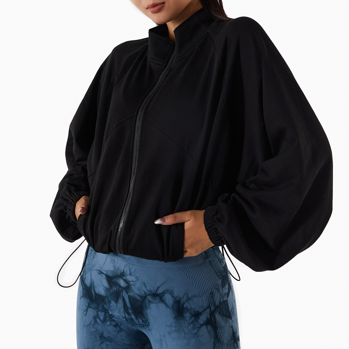 product-Ruiteng-High-Neck Fitness Sports Sweater Womens Drawstring Zipper Loose All-Match Long-Sleev