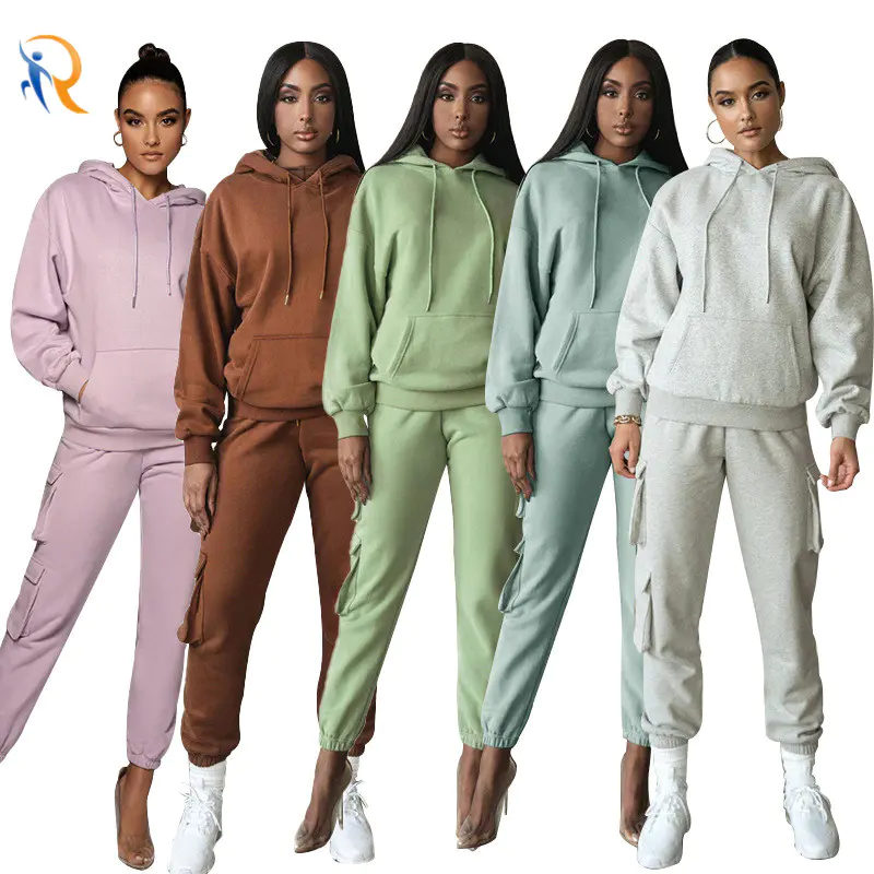 Autumn and Winter Urban Casual Solid Color Hooded Pocket Jogger Womens Drip Vibe Tracksuit