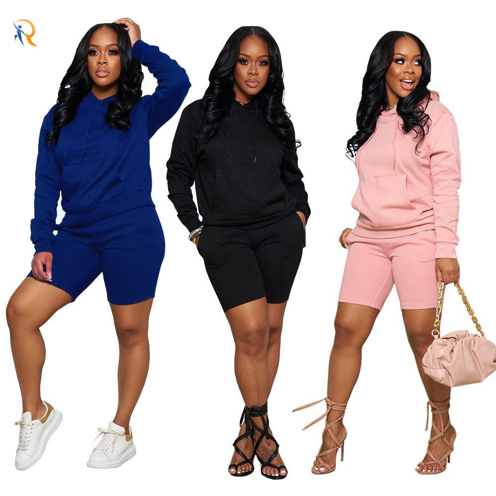 Womens Solid Color Athleisure Hooded Two-Piece Set JKT-689