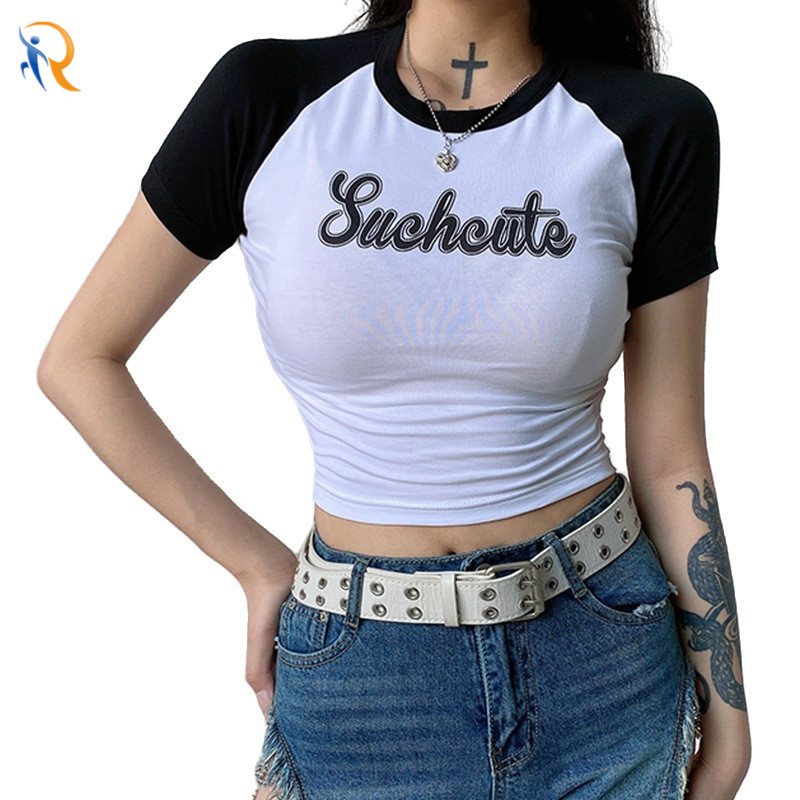 product-Womens Fashion Sexy Skinny Contrast Yoga Top Letter Print Cropped Navel Short Sleeve T-Shirt