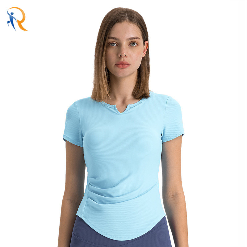 Womens Yoga Tight Shirt V neck Details Ribbed Corset Tshirt
