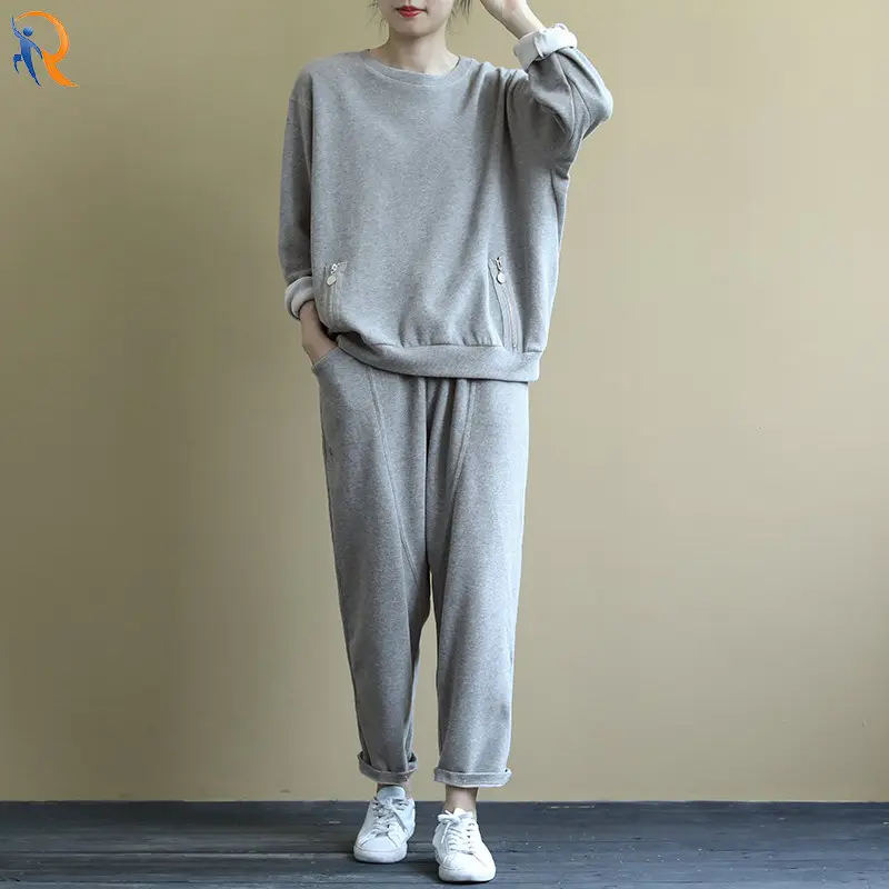 Loose and artistic long-sleeved hoody suit solid color drawstring elastic pants 9-cent trousers casual two-piece autumn suit