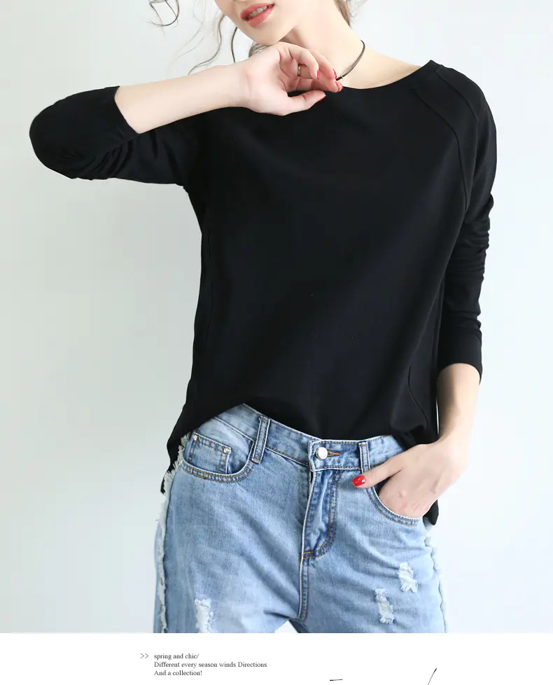 Cotton simple solid color loose-fitting large size thin long-sleeved T-shirt blouse round neck hoodie