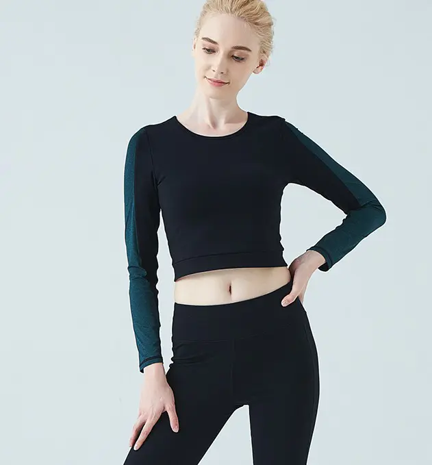 Patchwork color waist-baring yoga dress long-sleeved T-shirt sports fitness top